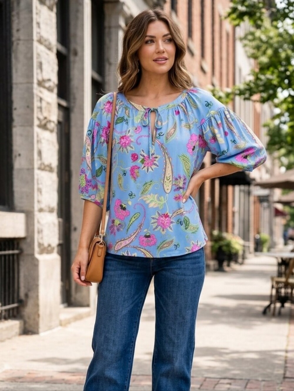 {VICI} Blue Floral Paisley Tie-Neck Women’s Top